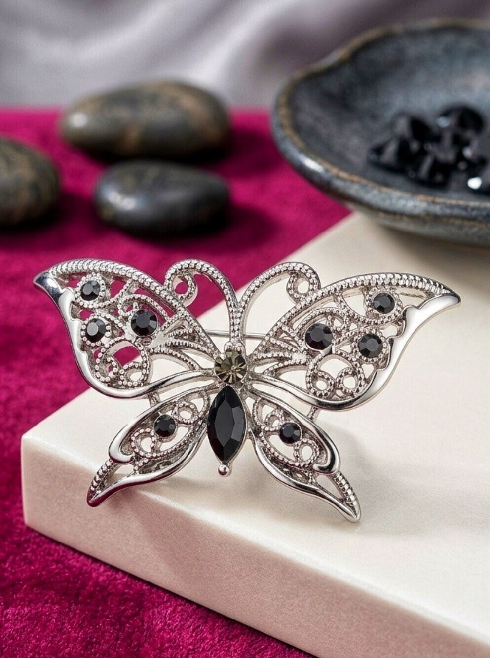 Vintage Silver Tone Butterfly Brooch with Black Stones